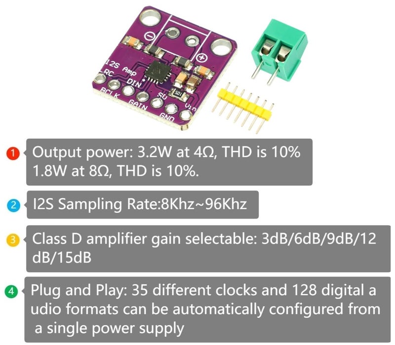 MTDELE 2Pcs MAX98357 I2S Audio 3W Class D Amplifier Module Dac Decoder Filterless Amplifier Audio Board Compatible with for Raspberry Pi Arduino and ESP32 - Image 4